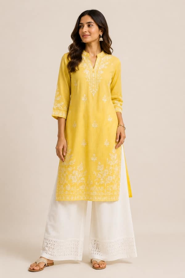 Yellow kurti with white palazzo