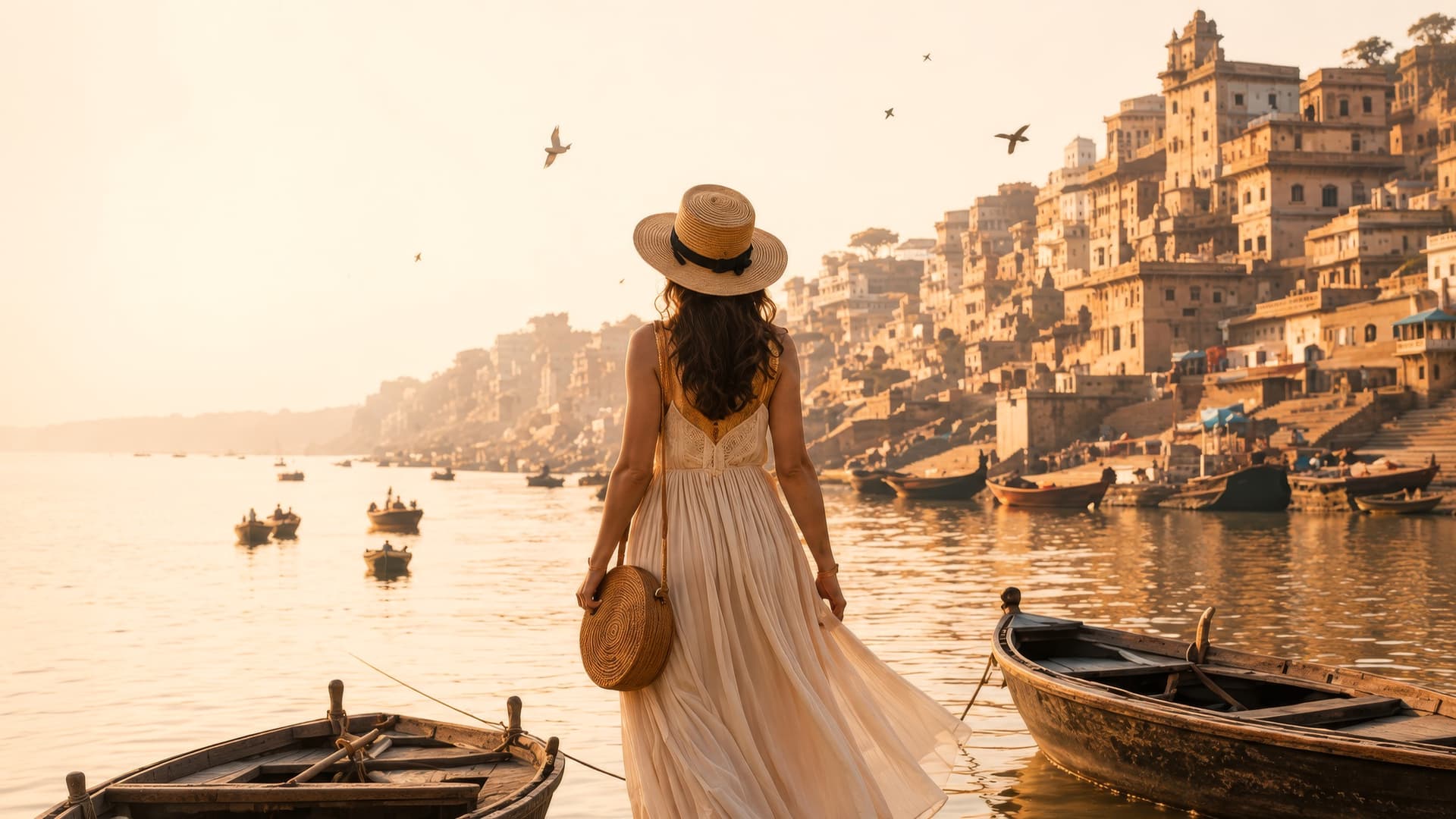 A traveller in a cream dress and straw hat at the water's edge at sunrise, with wooden boats and the layered ghats of Varanasi behind her
